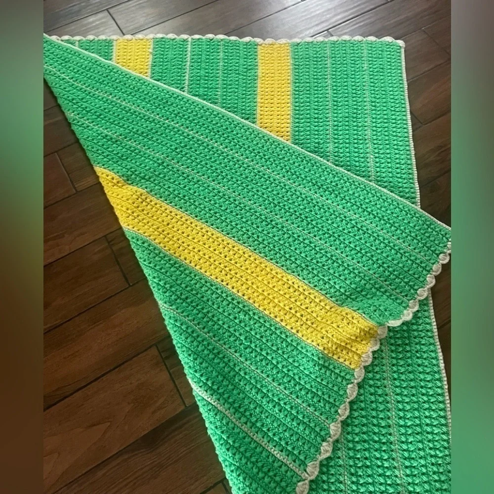 HANDMADE Knitted green and yellow afghan blanket